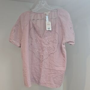 Lucky Brand Pink Embellished Short Sleeve Blouse